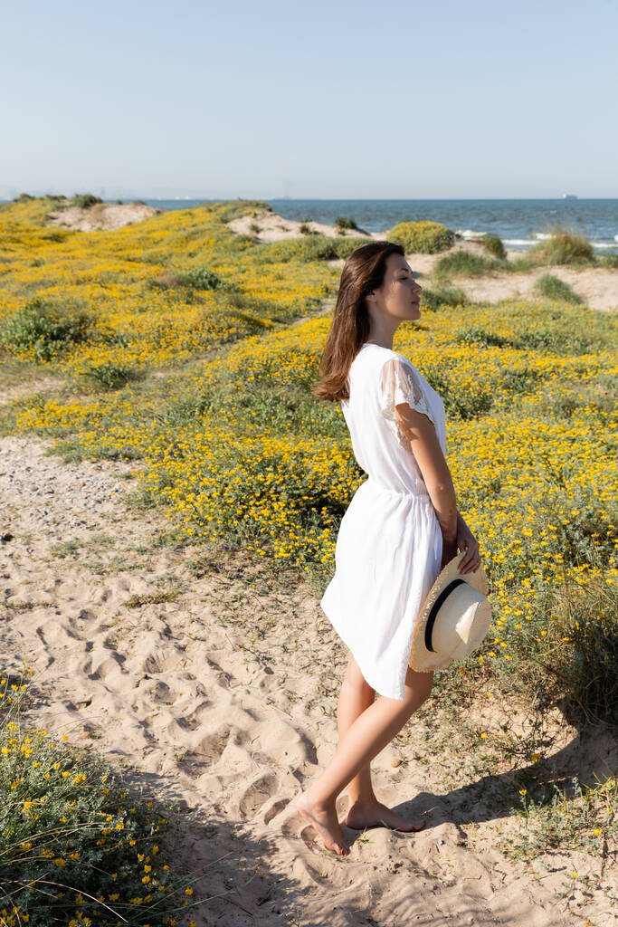 Vista laterale della donna in abito con cappello di paglia e guardando il mare sulla spiaggia  - Foto, immagini