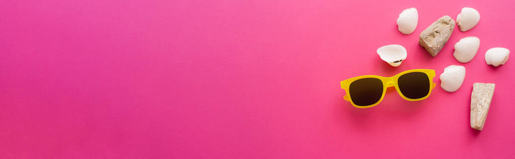 Вид зверху сонцезахисні окуляри та черепашки біля місця для копіювання на рожевому фоні, банер
  - Фото, зображення