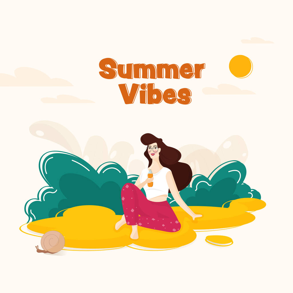 Concepto de vibraciones de verano con mujer joven de dibujos animados bebiendo jugo, caracol y sol contra fondo blanco. - Vector, Imagen