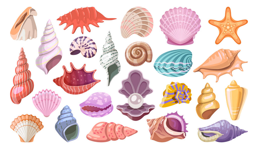 Tengeri kagyló vagy tengeri kagyló ikon készlet, vektor előfizetői. Molluscan kagylók, trópusi tengeri állatok gyűjteménye. Víz alatti puhatestű vagy izomhal. Kagyló vagy rapana, csigahal és tengeri csillag. Nyári szuvenír. - Vektor, kép