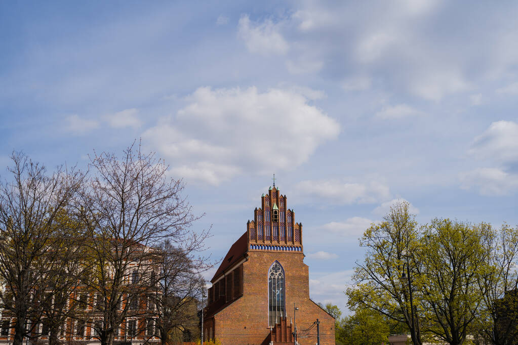 Wroclaw 'daki şehir sokağındaki ağaçların yanındaki eski kilise. - Fotoğraf, Görsel
