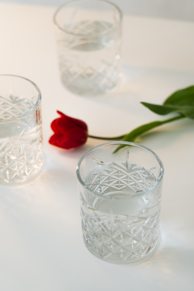vysoký úhel pohledu na červený tulipán a brýle s vodou na bílém stolku a rozmazané pozadí - Fotografie, Obrázek