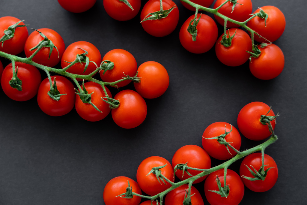 Vista superior de tomates cherry sobre ramas sobre fondo negro  - Foto, imagen