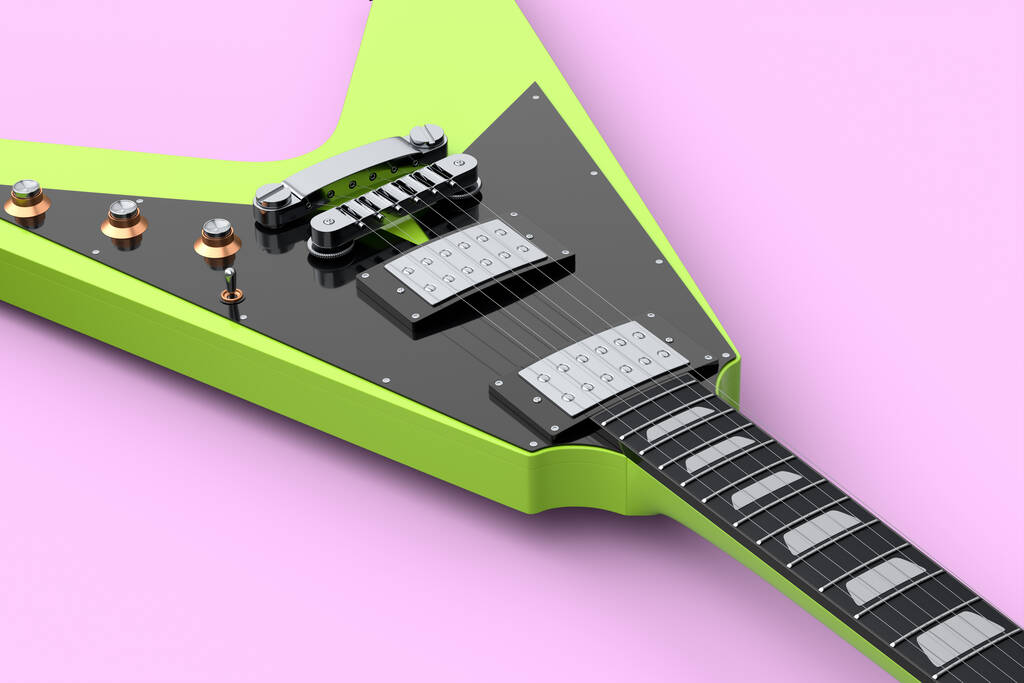 クローズアップピンクを基調としたエレクトリック・アコースティック・ギター。音楽ショップのための重い金属ギターとロックフェスティバルポスターのための概念の3Dレンダリング - 写真・画像