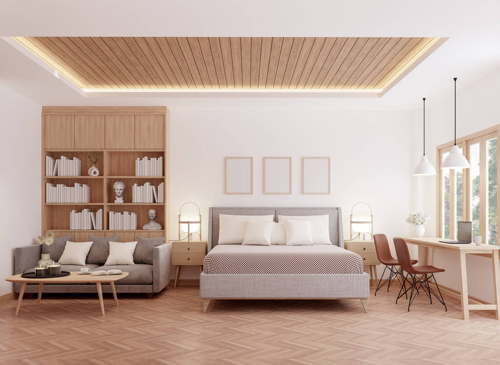 Moderní design ložnice dekorace nápad 3d vykreslení Pokoje mají dřevěné podlahy, zdobené hnědé tkaniny nábytku s výhledem na přírodu - Fotografie, Obrázek