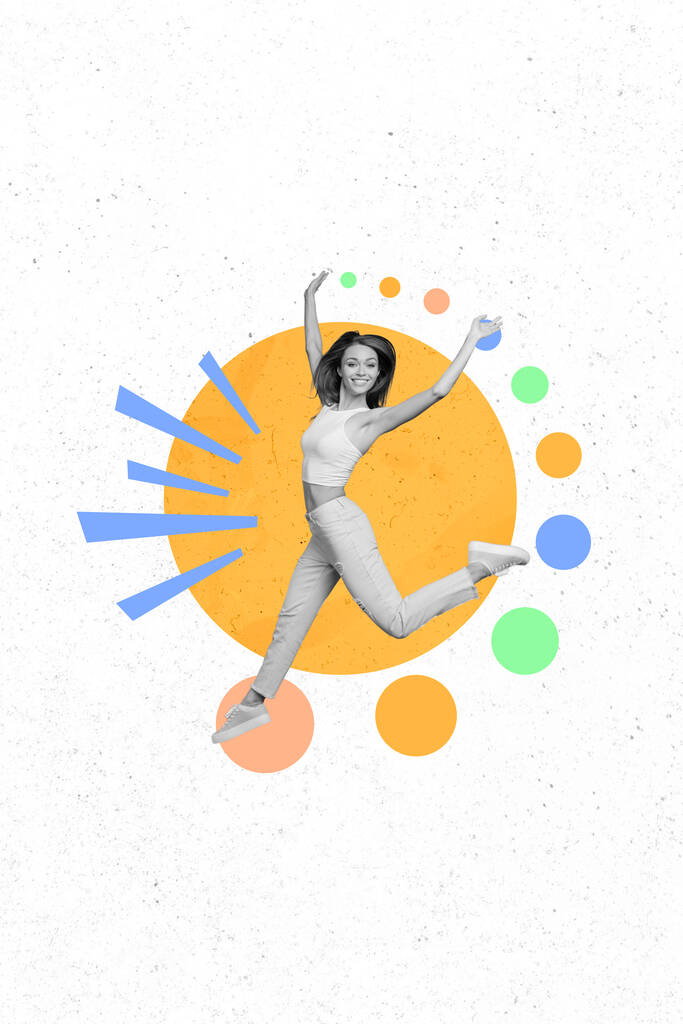 Foto dibujos animados cómics bosquejo collage de alegre buen humor señora saltando alto aislado pintado círculos coloridos fondo. - Foto, Imagen
