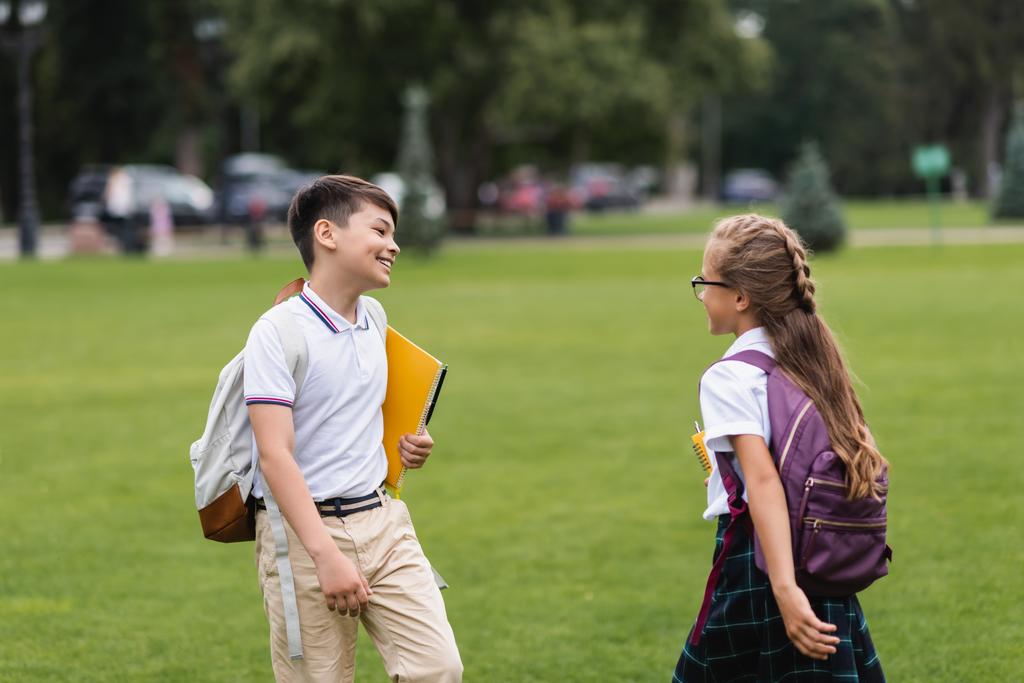 Sorridenti scolari multietnici con quaderni che camminano sul prato nel parco  - Foto, immagini
