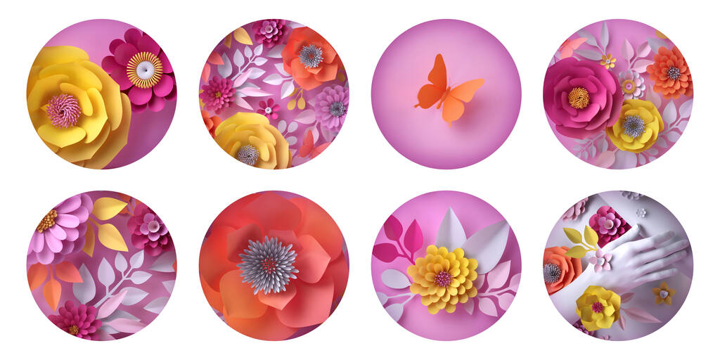 3D-Illustration, Sortiment von runden botanischen Aufklebern auf weißem Hintergrund. Sammlung floraler Etiketten. Rosa rot-gelbe Papierblumen: Rosendahlie-Gänseblümchen - Foto, Bild