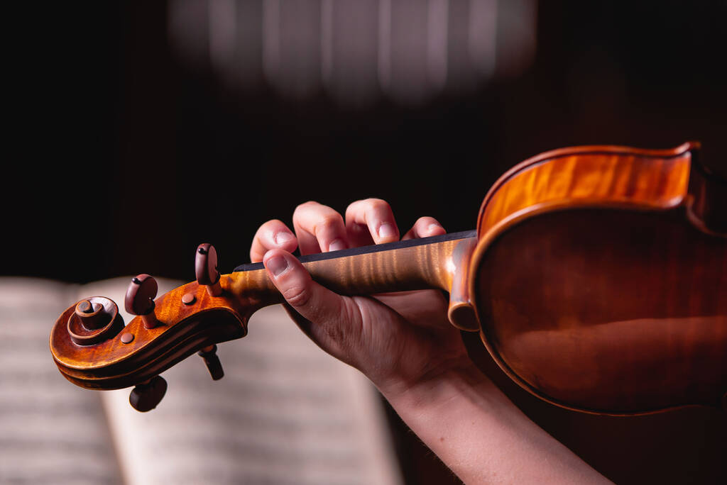 Close-up Ladies studieren klassische Musik auf der Geige mit den Fingern vor der Partitur im Konzertsaal. - Foto, Bild