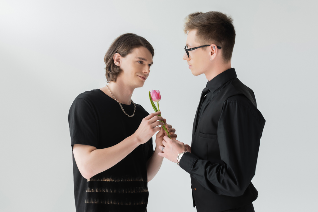 Joven gay dando tulipán a morena novio aislado en gris - Foto, Imagen