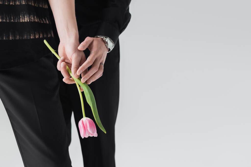 Vágott kilátás meleg megható kezét barátja rózsaszín tulipán elszigetelt szürke  - Fotó, kép