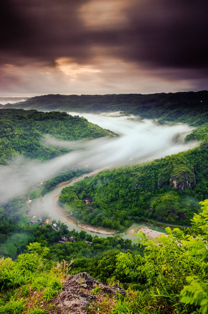 Un hermoso paisaje de un río sinuoso en un denso bosque en un día nublado - Foto, imagen