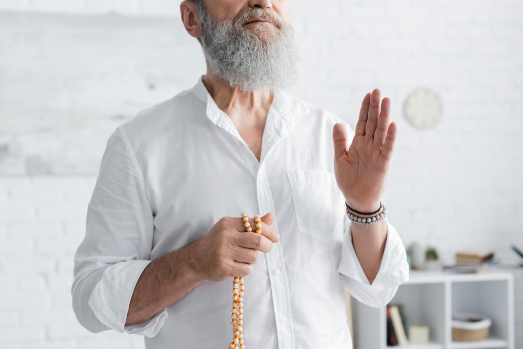 częściowy widok mistrza guru trzymającego różaniec i pokazującego gest błogosławieństwa - Zdjęcie, obraz