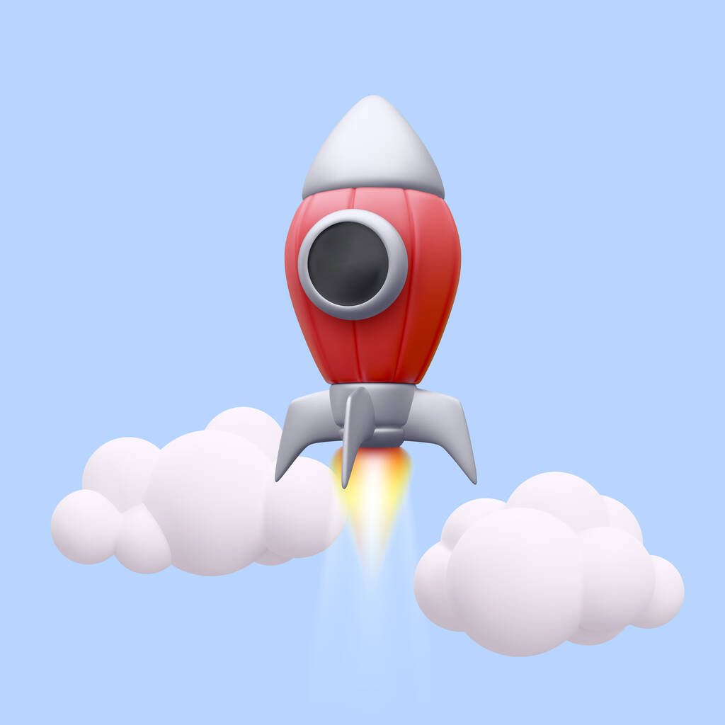 3d realistinen raketti lentää pilvien läpi. Vektoriesimerkki - Vektori, kuva