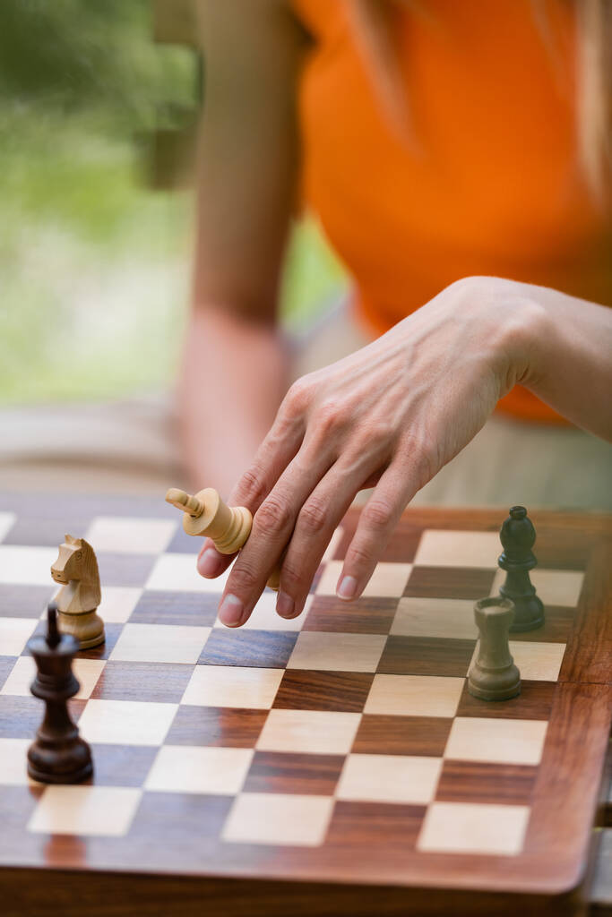 Καλλιεργημένη άποψη της γυναίκας που κατέχει σκακιστική φιγούρα κοντά στο διοικητικό συμβούλιο στο πάρκο  - Φωτογραφία, εικόνα