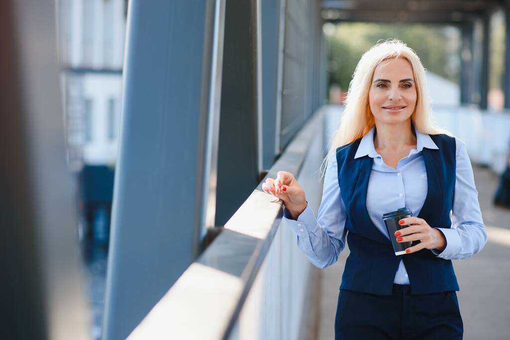 Business Women Style. Frau geht zur Arbeit. Porträt der schönen Frau im stilvollen Büro - Foto, Bild