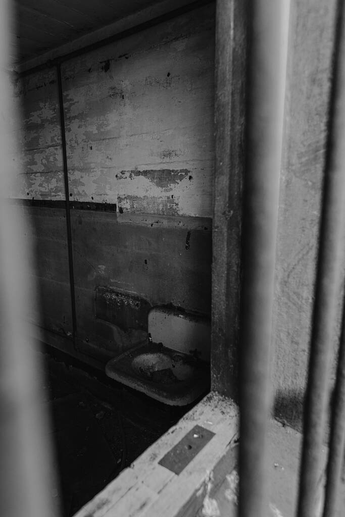 Μια εστίαση βάθους διαβαθμίσεων του γκρι πυροβόλησε μέσα από τις μεταλλικές μπάρες ενός δωματίου σε ένα εγκαταλελειμμένο κτίριο - Φωτογραφία, εικόνα
