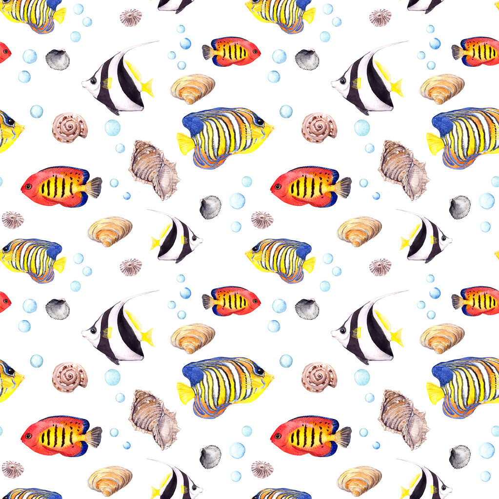 Egzotyczne ryby (ryba) i muszli. Powtarzalny wzór. Akwarela - Zdjęcie, obraz