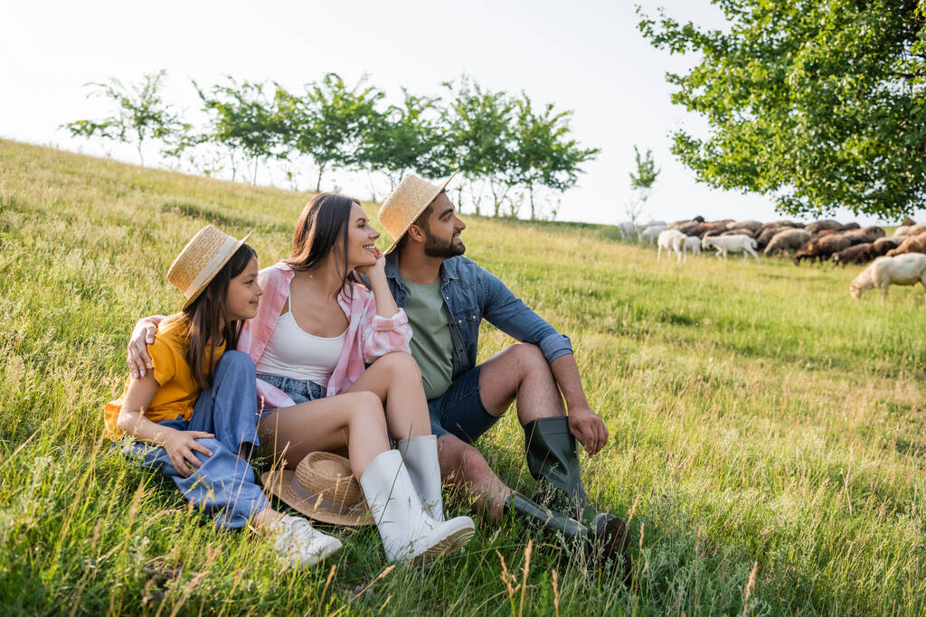 joyful family in straw hats sitting in grassy pasture and looking away - Zdjęcie, obraz