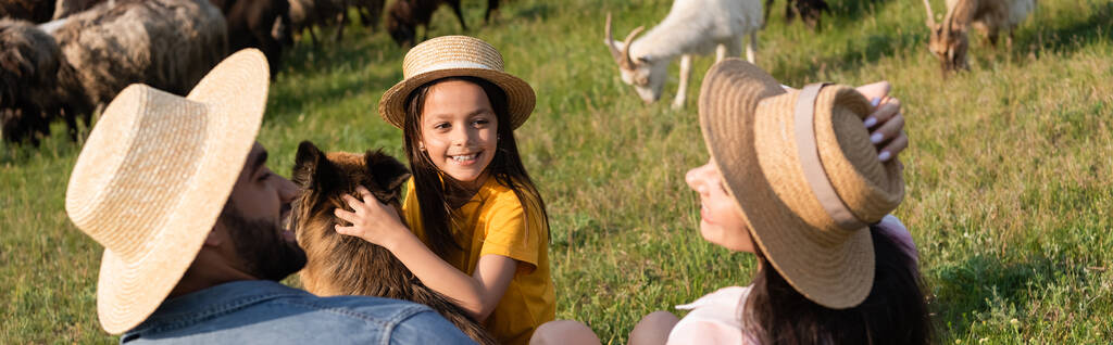 tyttö olkihattu hymyilee lähellä karjan koira ja vanhemmat vihreällä laitumella, banneri - Valokuva, kuva