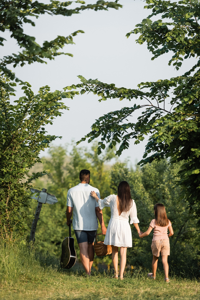 back view of family with wicker basket and acoustic guitar walking in countryside - Photo, Image