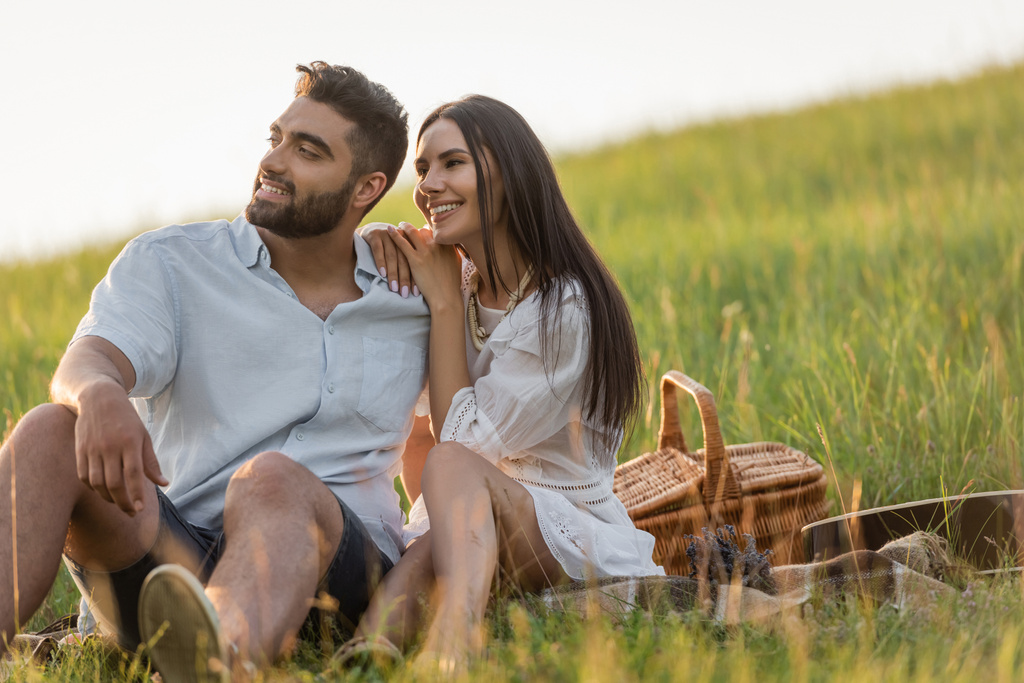 happy brunette woman leaning on shoulder of man on picnic in meadow - Foto, imagen