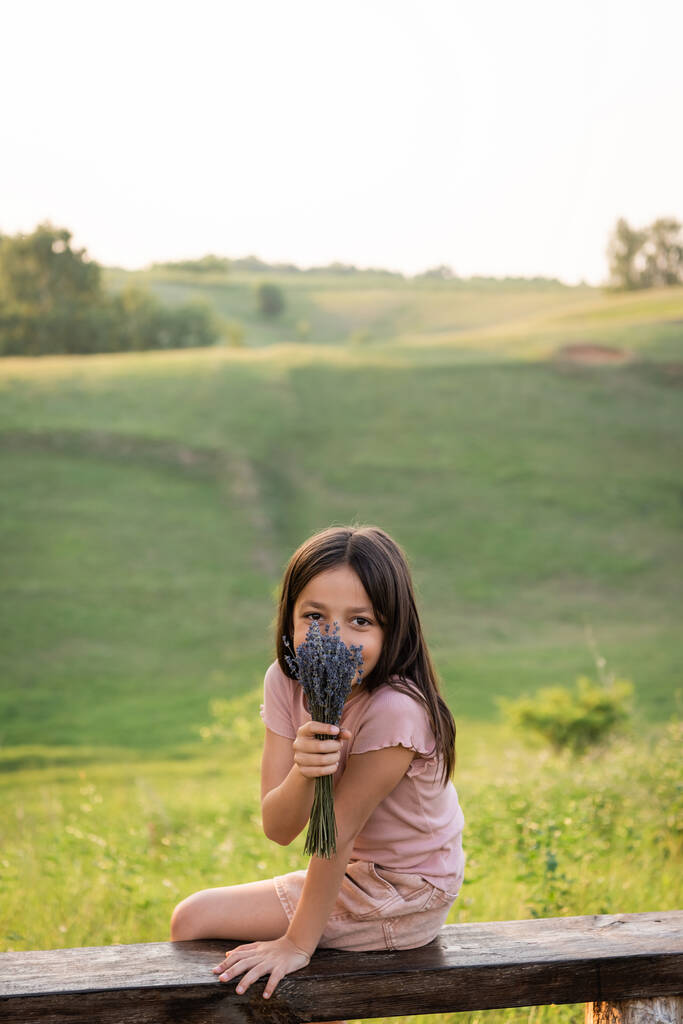 pozytywna dziewczyna zasłaniając twarz z bukietem lawendy i patrząc na kamerę na wsi - Zdjęcie, obraz