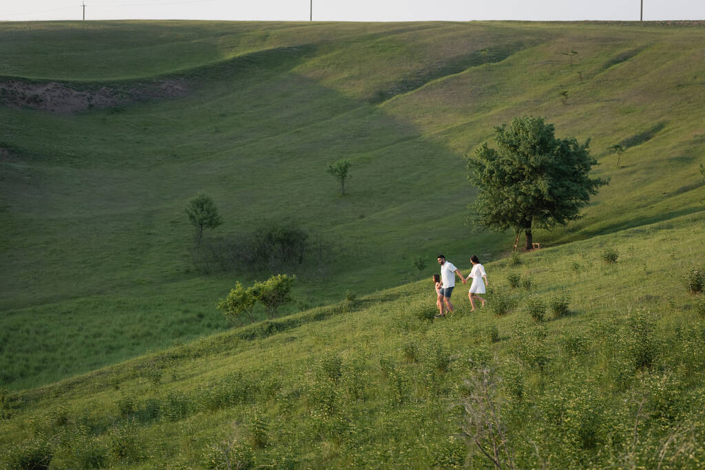 verar uitzicht op paar wandelen met dochter in heuvelachtige weide op zomerdag - Foto, afbeelding