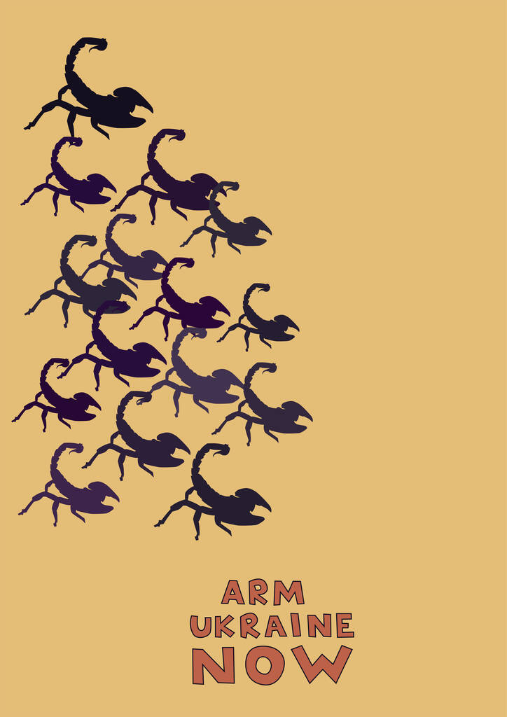 illustrazione di scorpioni con pungiglioni vicino braccio ucraina ora lettering su sfondo beige  - Vettoriali, immagini