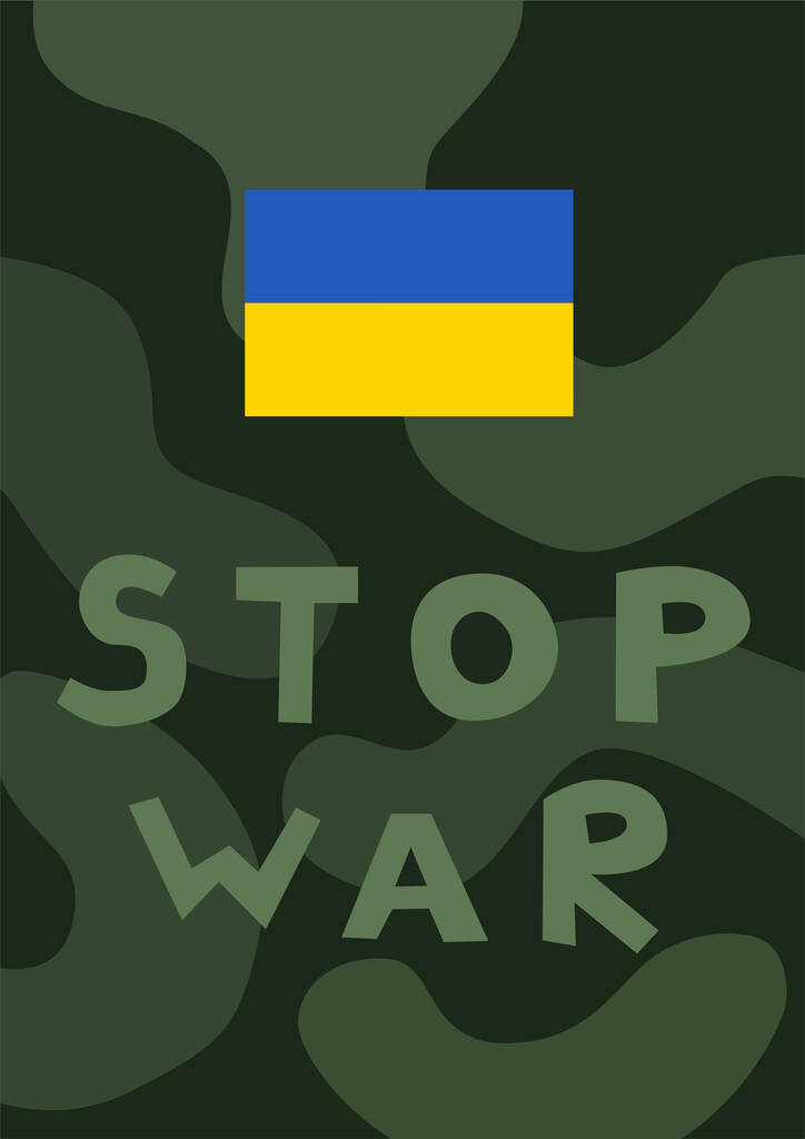 Illustration der ukrainischen Flagge in der Nähe von Stop War Schriftzug mit grünem Militärmuster auf dem Hintergrund - Vektor, Bild
