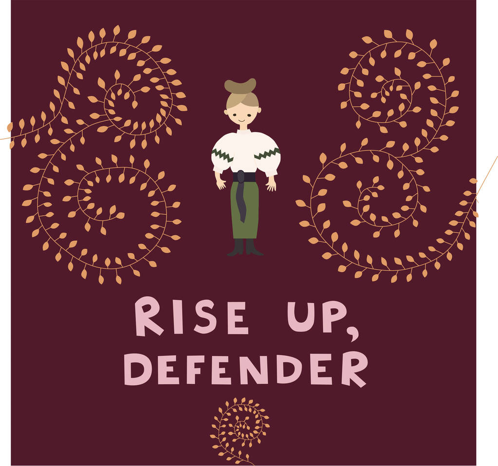 illustration of ukrainian woman in traditional clothes near ornament and rise up defender lettering on crimson - Vector, Image
