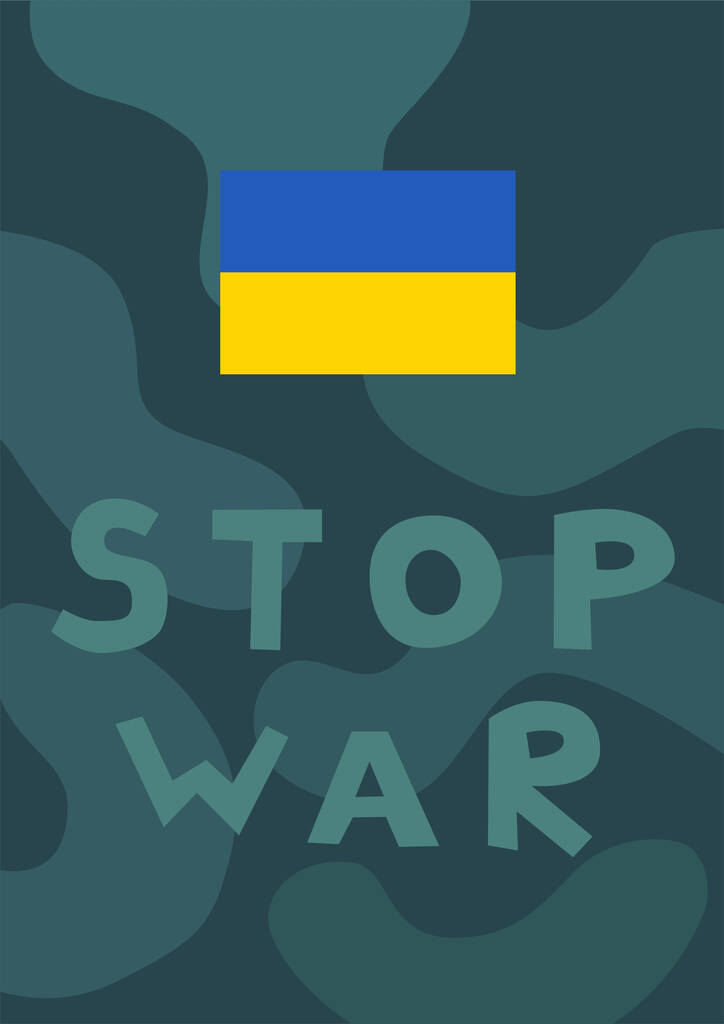 ilustracja ukraińskiej flagi w pobliżu przystanku liternictwo wojny z niebieskim wzorem wojskowym na tle - Wektor, obraz