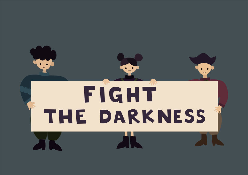 illustration of ukrainian people holding placard with fight the darkness lettering on grey - Vector, Image