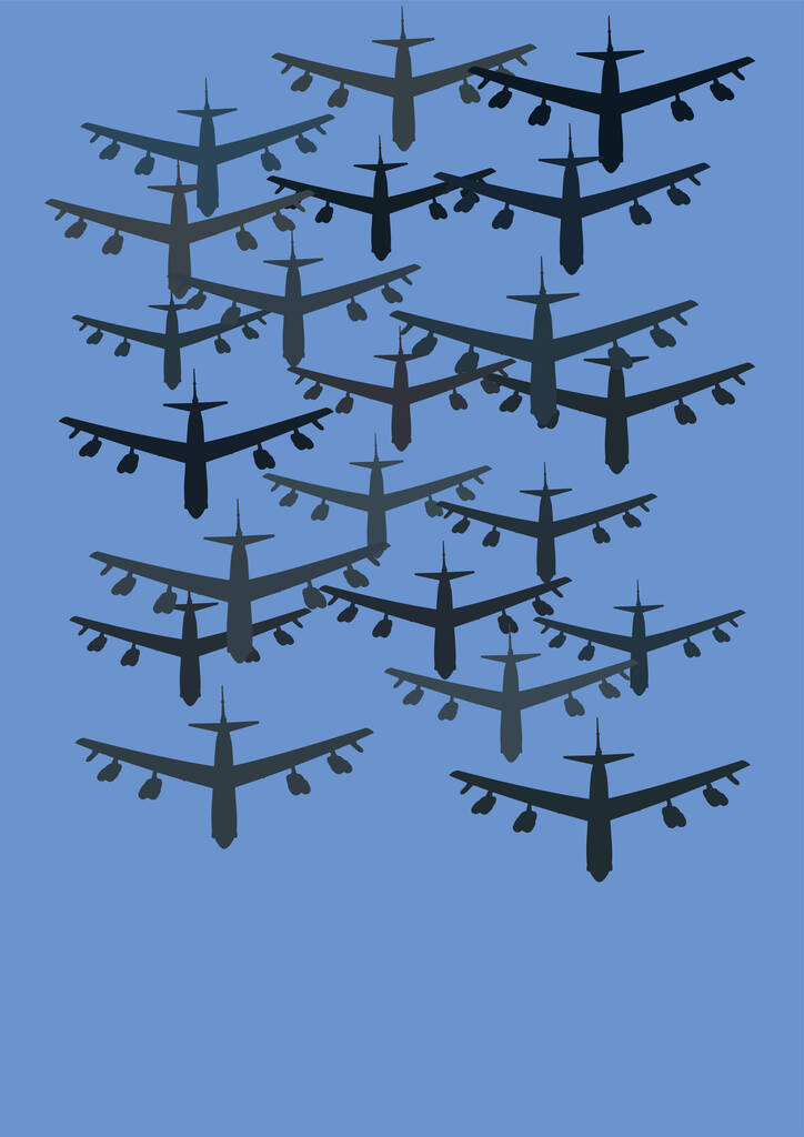 Illustration von Flugzeugen, die auf blauem Hintergrund fliegen, außer ukrainischem Konzept  - Vektor, Bild