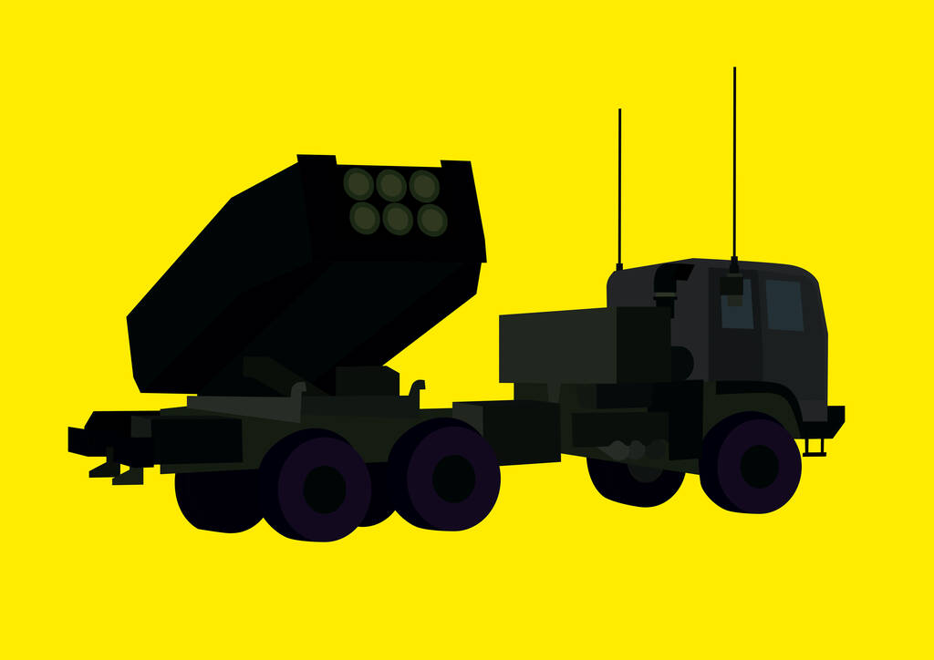 kuva tykistö panssaroitu ajoneuvo kirkkaan keltaisella pohjalla, tukea Ukrainan käsite  - Vektori, kuva
