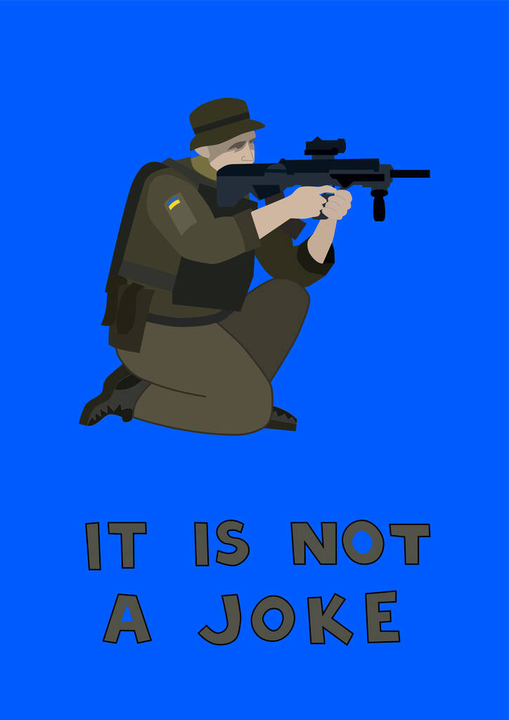 Ilustração de soldado com bandeira ucraniana em país de proteção uniforme perto dele não é uma piada que diz em azul  - Vetor, Imagem