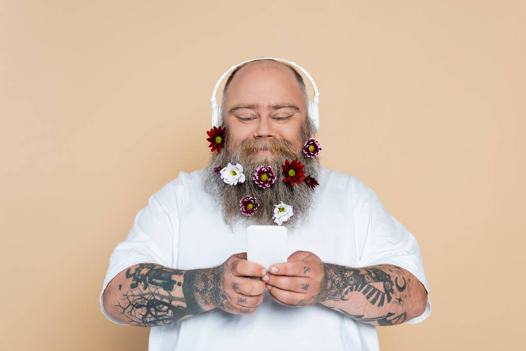 plus size man with decorated beard and smartphone listening music in headphones isolated on beige - Photo, Image