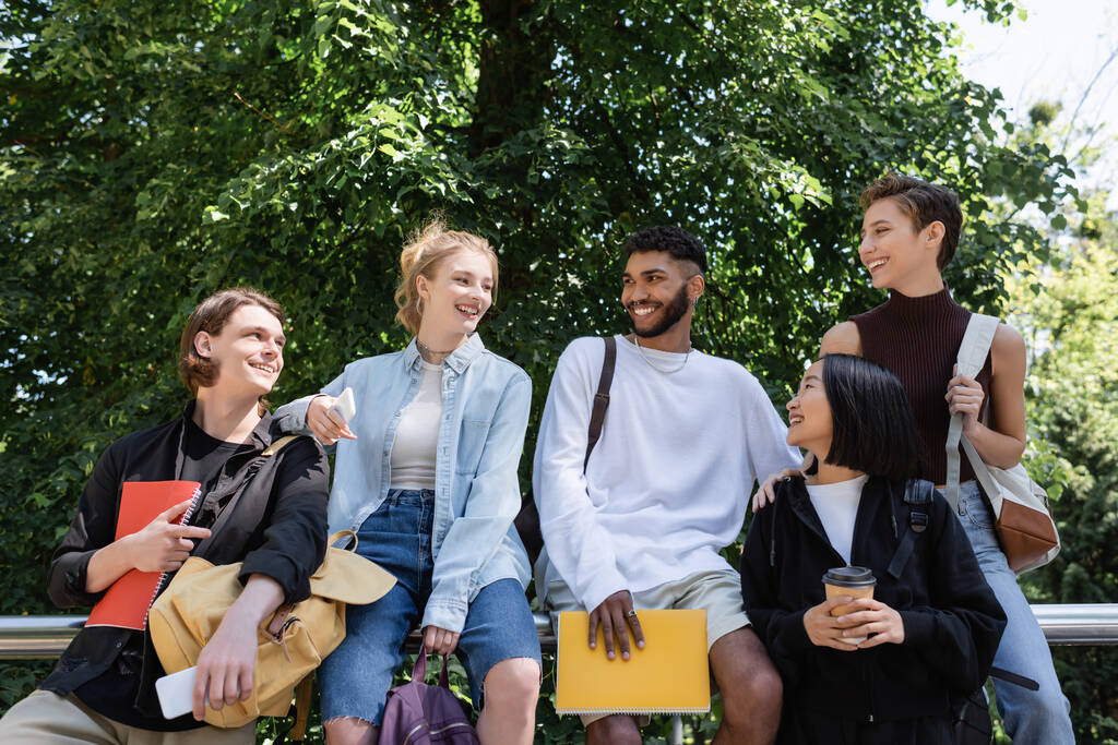 Позитивные мультикультурные студенты с блокнотами разговаривают в парке  - Фото, изображение