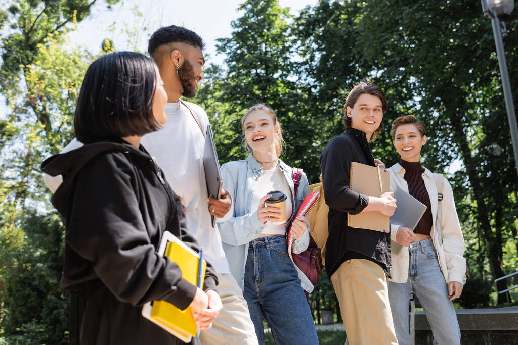 Nízký úhel pohledu multiethnic studentů s notebooky mluví v letním parku  - Fotografie, Obrázek