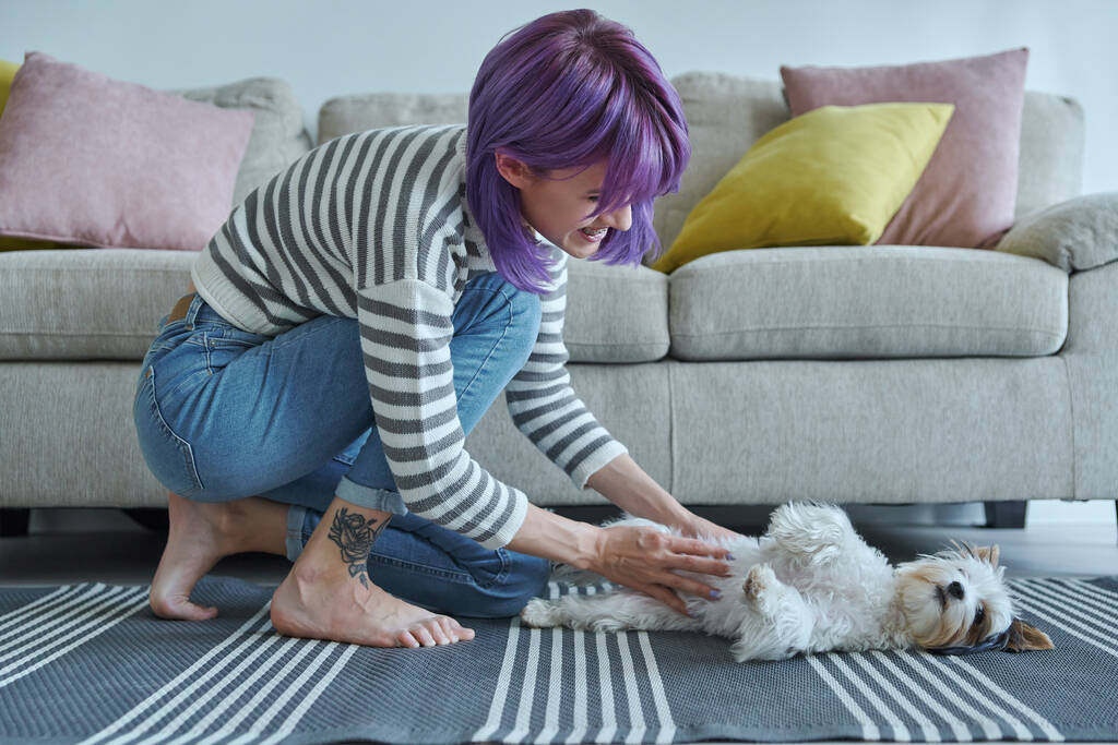Schöne junge Frau spielt zu Hause mit ihrem Hund - Foto, Bild