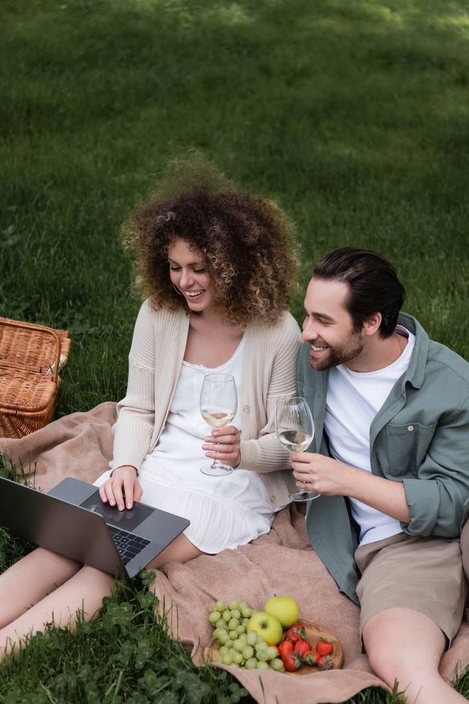 высокий угол обзора пары, держащей бокал вина и глядящей на ноутбук во время пикника - Фото, изображение