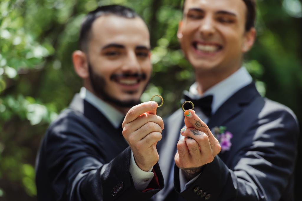happy and blurred gay men holding wedding rings in hands  - Foto, Bild