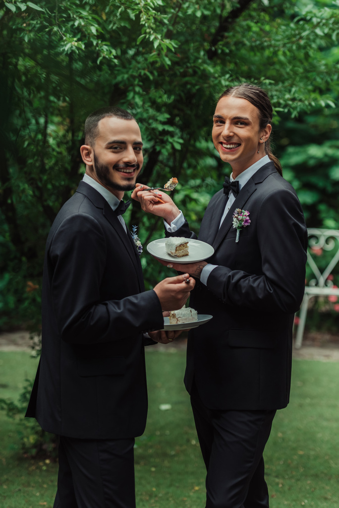 pleased gay newlyweds in formal wear holding wedding cake  - Photo, Image