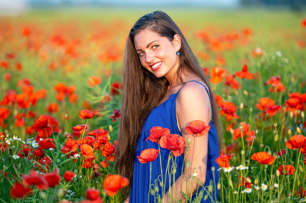 portrait of elegant young woman with long hair in poppy field in evening sunlight - Photo, Image