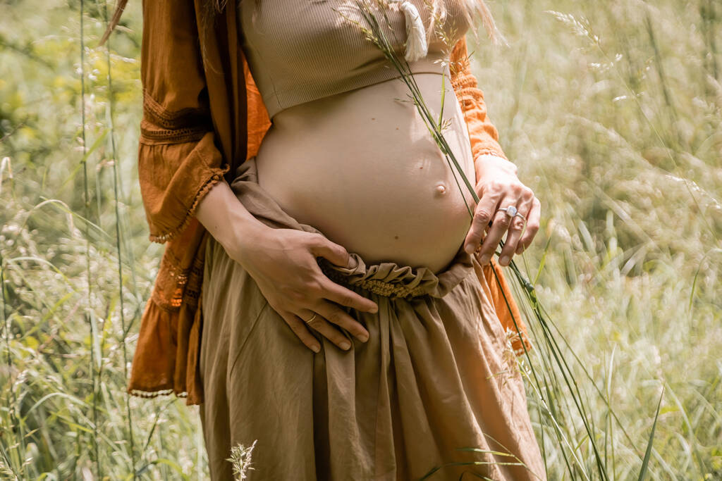 Ausgeschnittene Ansicht einer schwangeren Frau, die Glas im Feld hält  - Foto, Bild