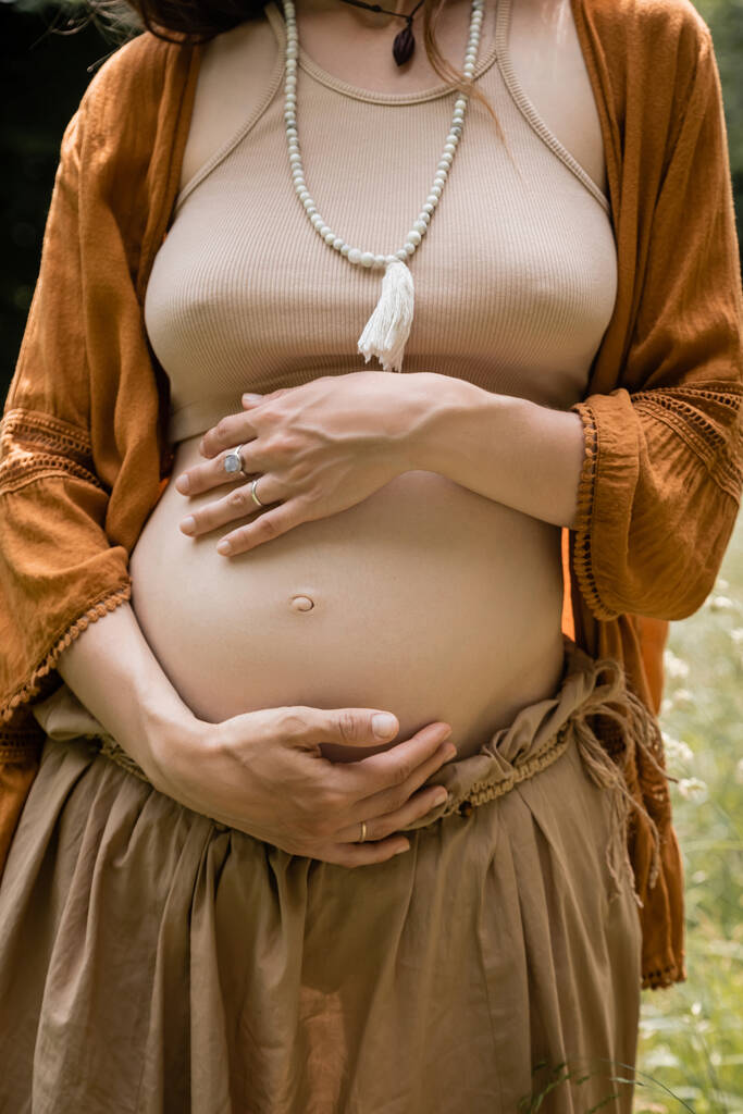 Обрезанный вид беременной женщины, касающейся живота в поле  - Фото, изображение