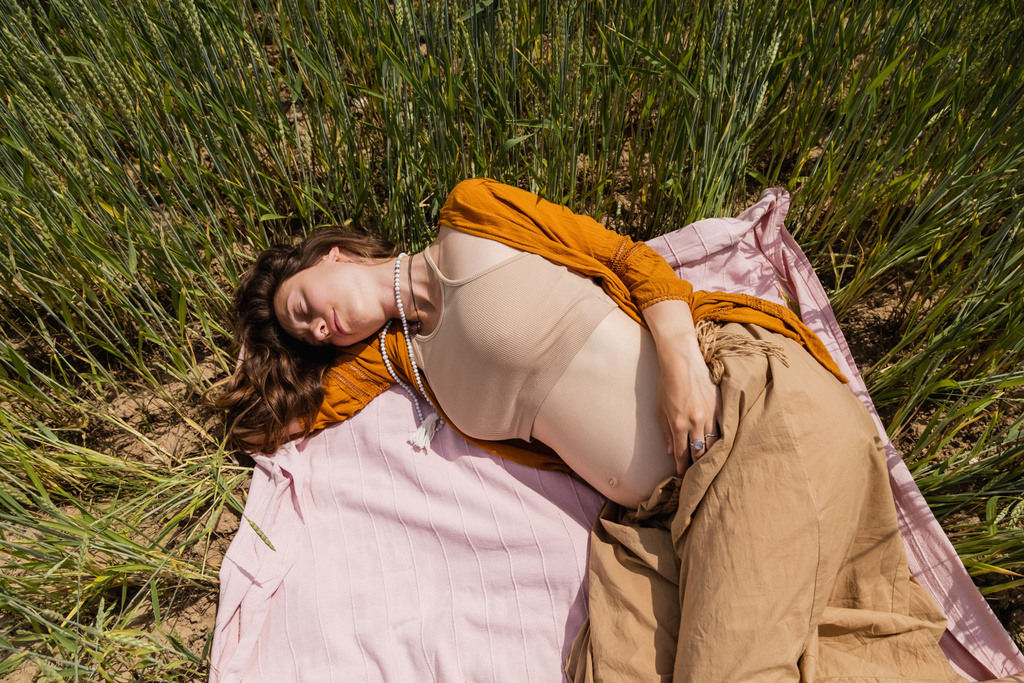 Vista superior de la mujer embarazada acostada en la manta en el campo  - Foto, Imagen