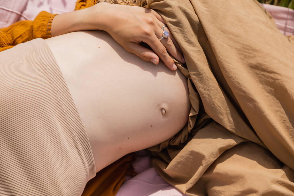 Vista ritagliata della donna incinta che riposa sulla coperta all'aperto  - Foto, immagini