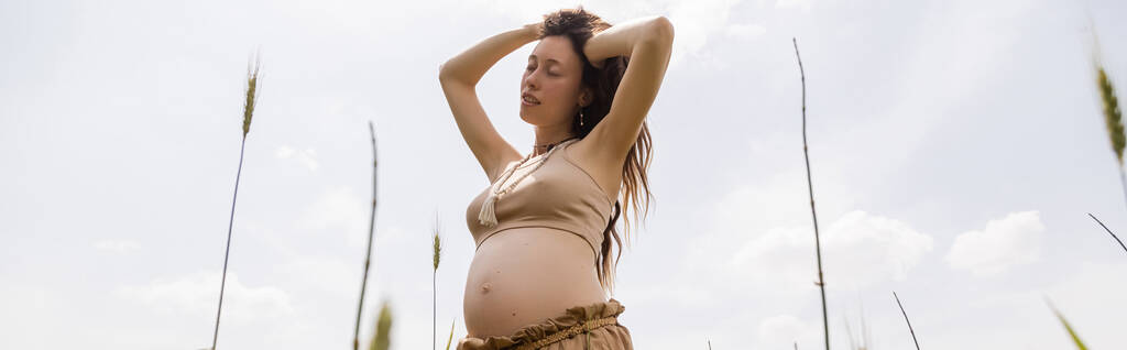 Low angle view of pregnant woman touching hair in field, banner  - Foto, Bild