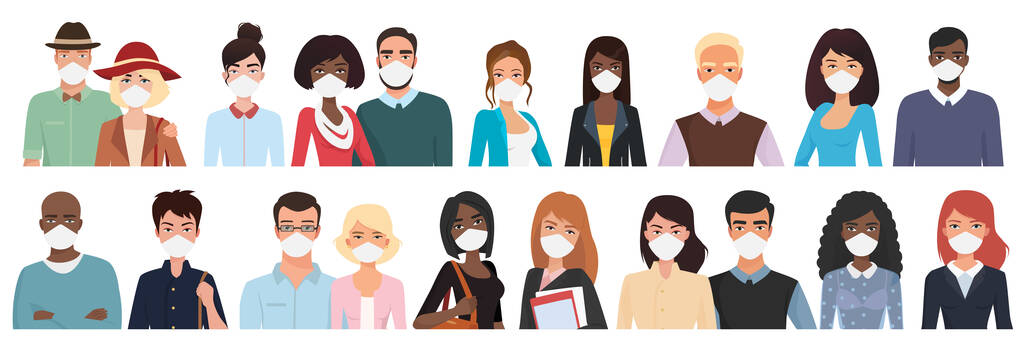 People protected from covid19 set vector illustration. Cartoon diversity group of characters standing, portrait of different multiracial adults wearing face masks isolated on white. Community concept - Vektor, kép